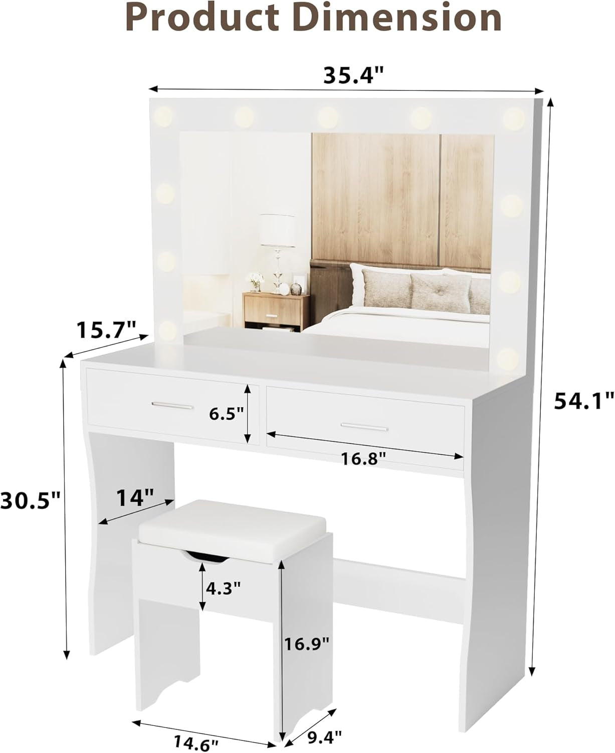 Vanity Desk Set with Large Lighted Mirror, 35.4 Inch Makeup Vanity Table with 2 Drawers, Cushioned Storage Stool, 3 Lighting Modes Brightness Adjustable, Dressing Table for Bedroom (White)