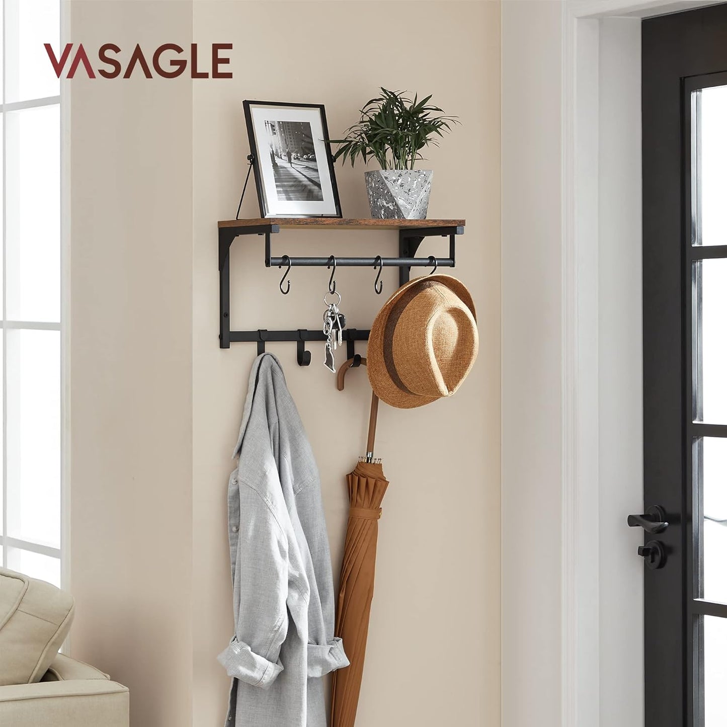 Laundry Room Shelf Wall Mounted, Coat Rack Shelf, with 8 Removable Hooks, for Entryway, Living Room, Kitchen, Bedroom, 15.7 X 9.4 X 9.4 Inches, Rustic Brown and Black ULCR103B01