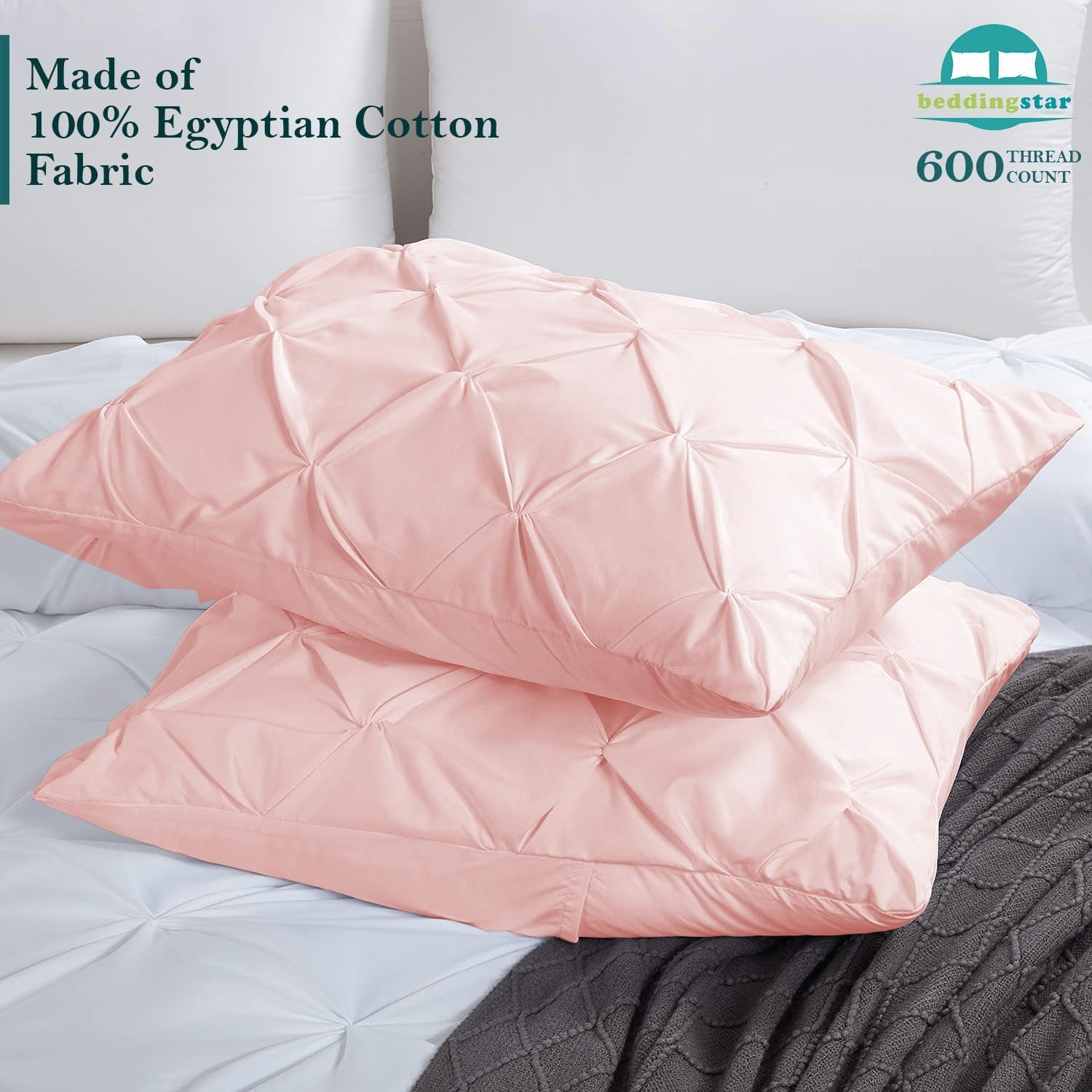 King Pillow Shams Set of 2 Pinch Pleated Blush Pink Pillow Shams King Size 20X36 Pillow Covers 100% Egyptian Cotton 600 TC Soft Skin Friendly Cushion Cover Cases Pinch Decorative Pillow Shams for Bed