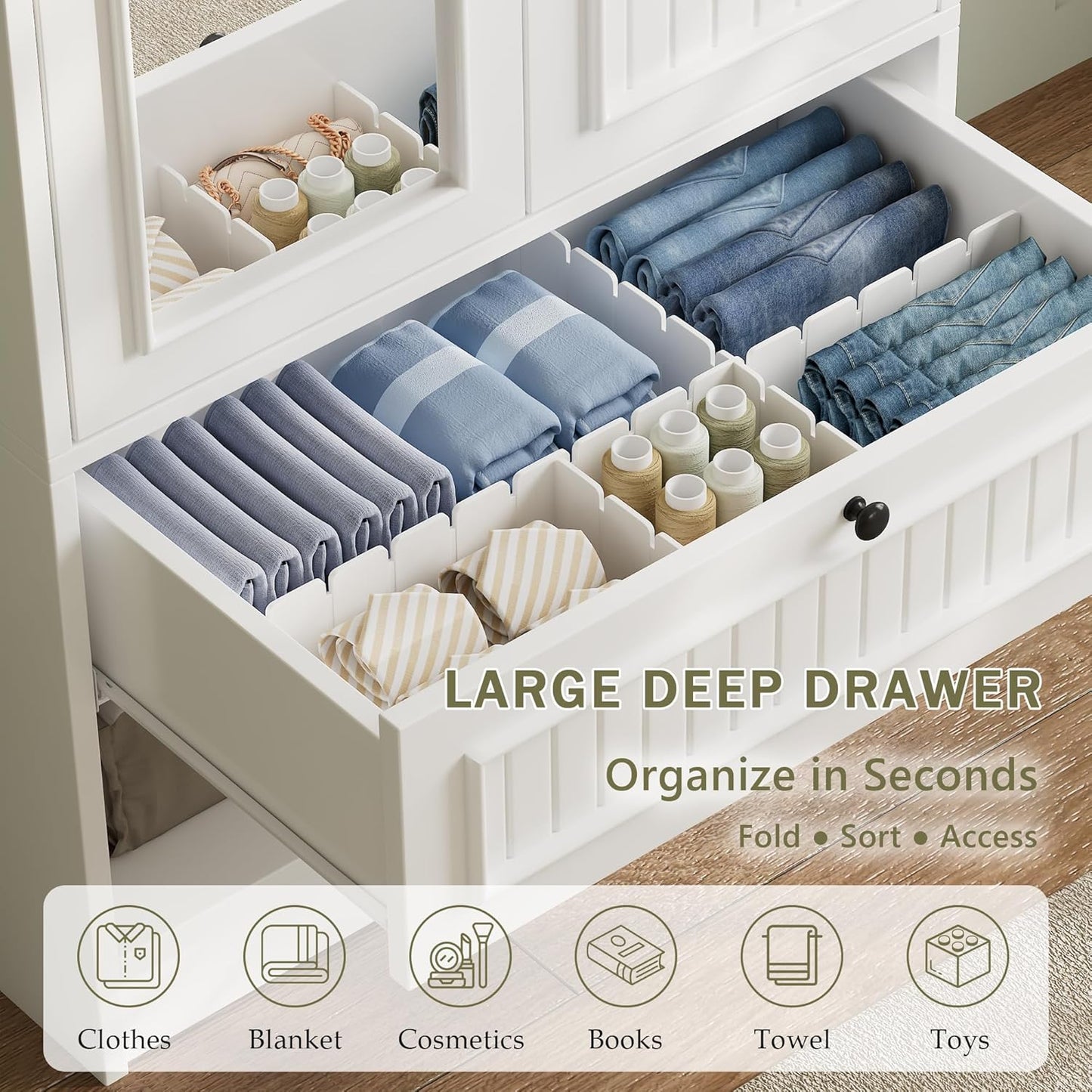 Wood Armoire Wardrobe Closet with Mirror Door and Drawer, 2 Doors Bedroom Storage Cabinet for Hanging Clothes, White