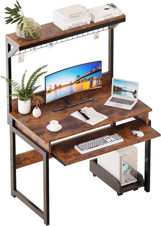 31.5" Small Computer Desk with Hutch, Office Desk Study Table Writing Desk Workstation PC Table for Home Office, Space Saving Design