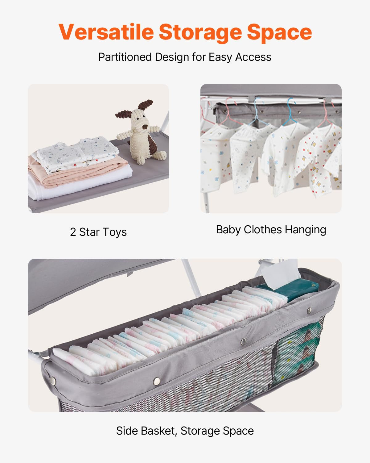 Baby Changing Table, Foldable Diaper Change Station with Side Basket, Adjustable Height Changing Table with Lockable Wheels, Multi-Functional Nursery Storage Organizer, Light Gray