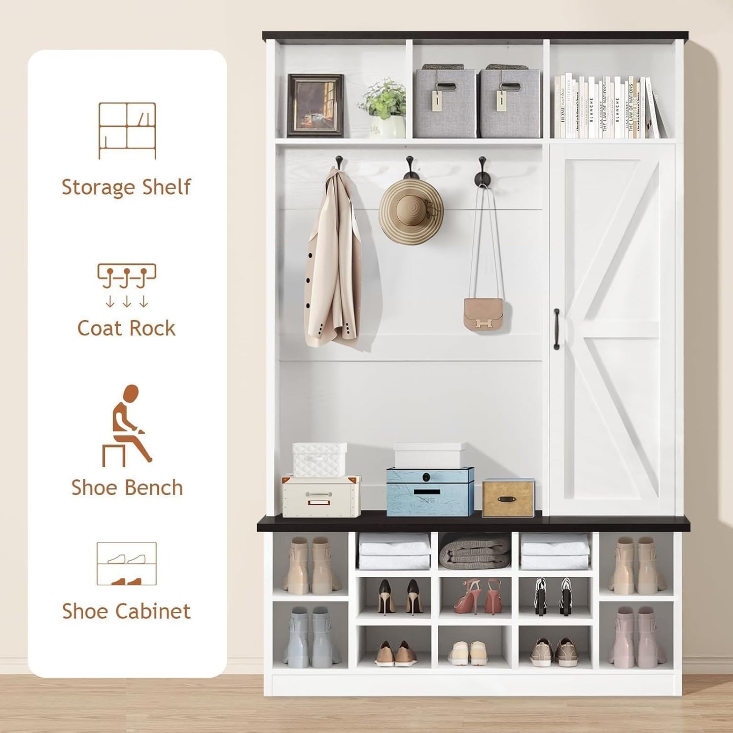 Farmhouse Mudroom Hall Tree with Shoe Storage, 79 Inch Hall Tree with Bench for Entryway, White Entryway Bench with Coat Rack and Barn Door, Adjustable Shoe Cubbies and 3-Tier Cabinet