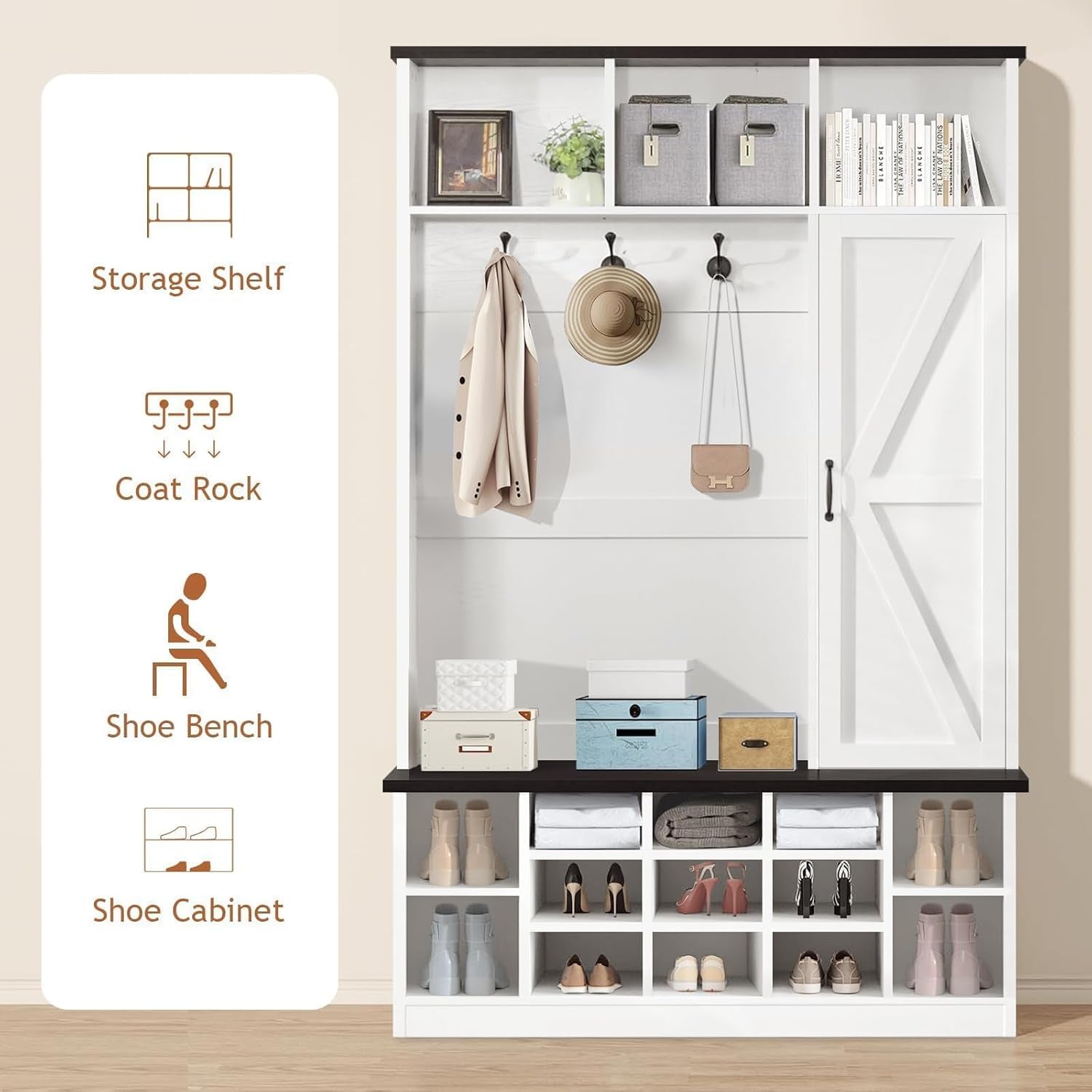 Farmhouse Mudroom Hall Tree with Shoe Storage, 79 Inch Hall Tree with Bench for Entryway, White Entryway Bench with Coat Rack and Barn Door, Adjustable Shoe Cubbies and 3-Tier Cabinet