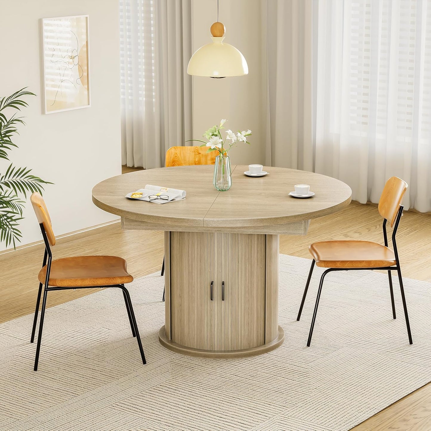 47-63In Extendable round Dining Table for 4-8 Modern round Kitchen Table Circle Dining Table with 2-Tier Storage Shelf, Space Saving Expandable Wood Oval for Living Room Walnut Oak