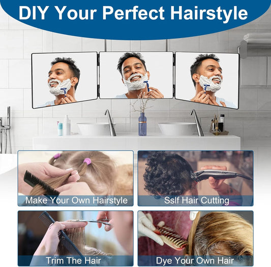 3 Way Mirror for Self Hair Cutting,360 Haircuts Men for Barber Use Tools,To See Back of Head,Tri Fold Mirror with Portable Height Adjustable Telescoping Hooks
