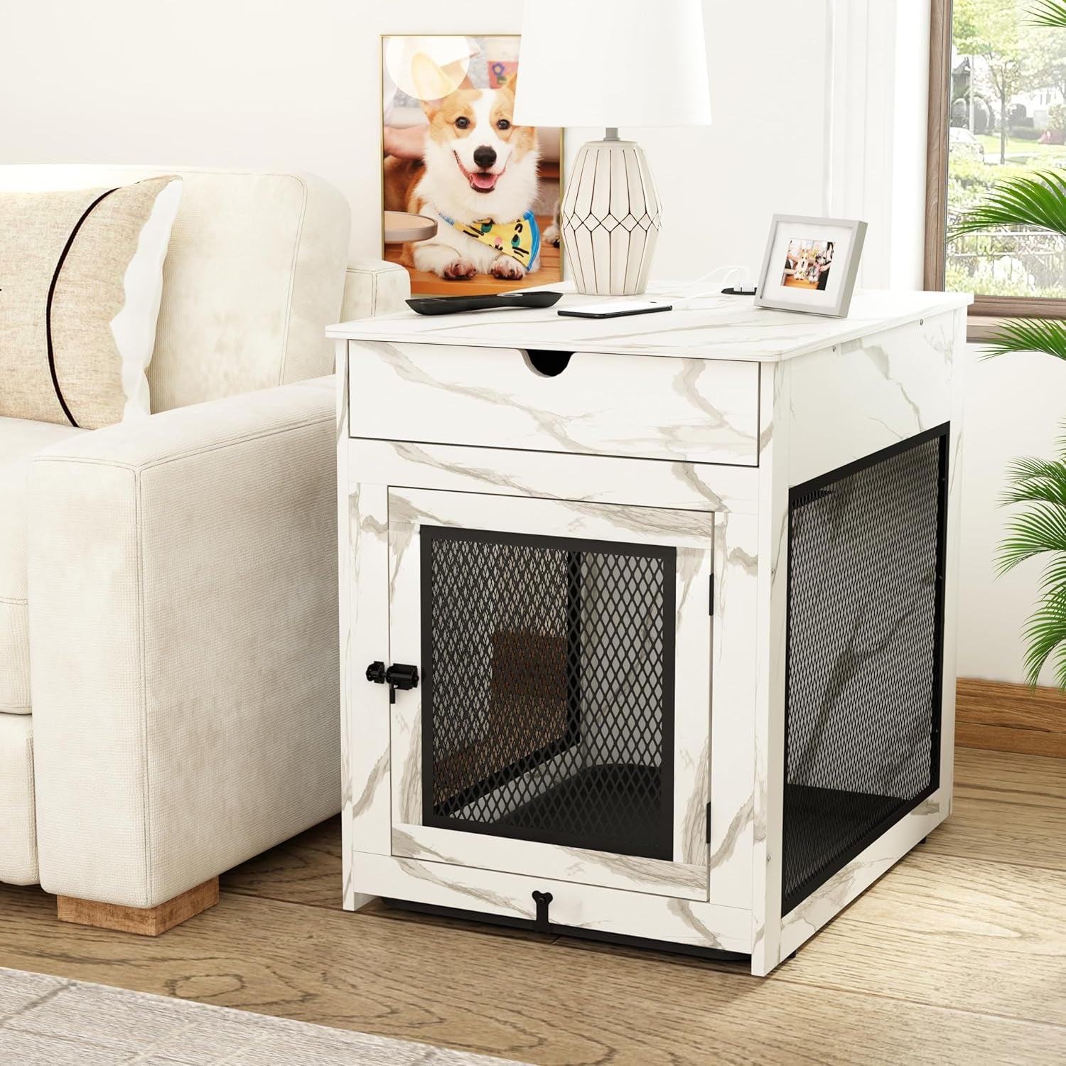 Dog Crate Furniture,Wooden Dog Crate End Table with Storage Drawer&Cushion&Tray, QC3.0 Wireless Charging,Dual Usb,Medium Dogs Marble White