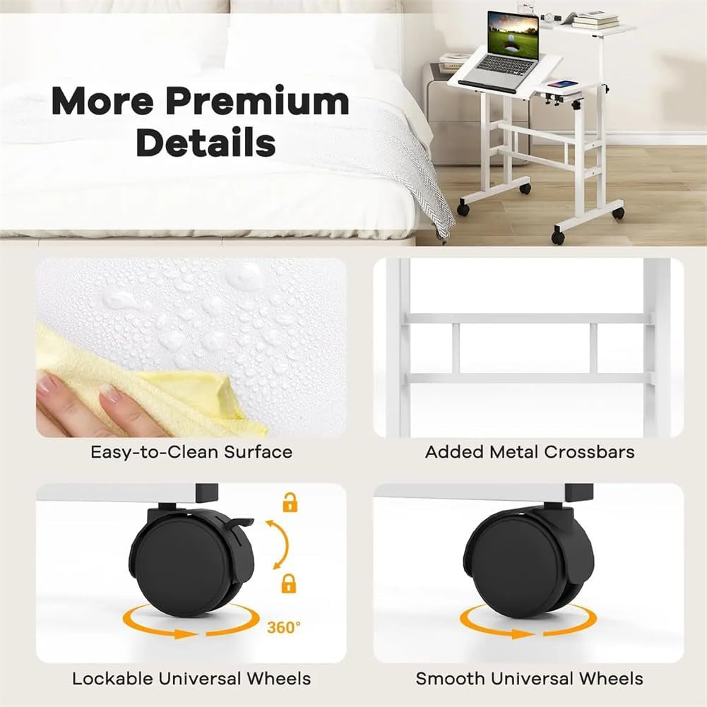 Portable Standing Desk Adjustable Height 26.4"-61", Mobile Computer Desk with Wheels, Tiltable Top & CPU Stand, Rolling Laptop Table Cart for Home Office, White