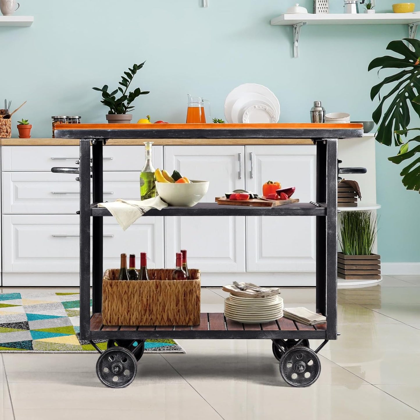 Industrial 3 Tier Rolling Utility Storage Cart Wine Beverage, Metal Wine Rack with Wheels Kitchen Bar Dining Room Tea Wine, Storage Cart with Wood