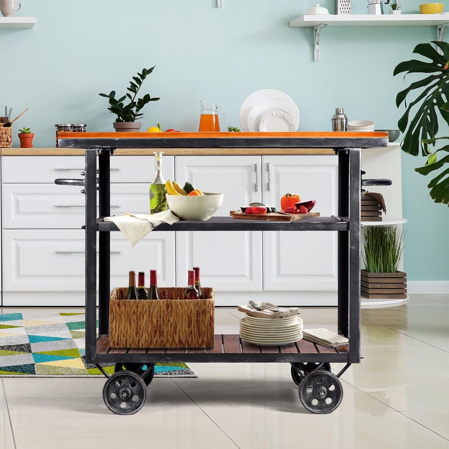 Industrial 3 Tier Rolling Utility Storage Cart Wine Beverage, Metal Wine Rack with Wheels Kitchen Bar Dining Room Tea Wine, Storage Cart with Wood