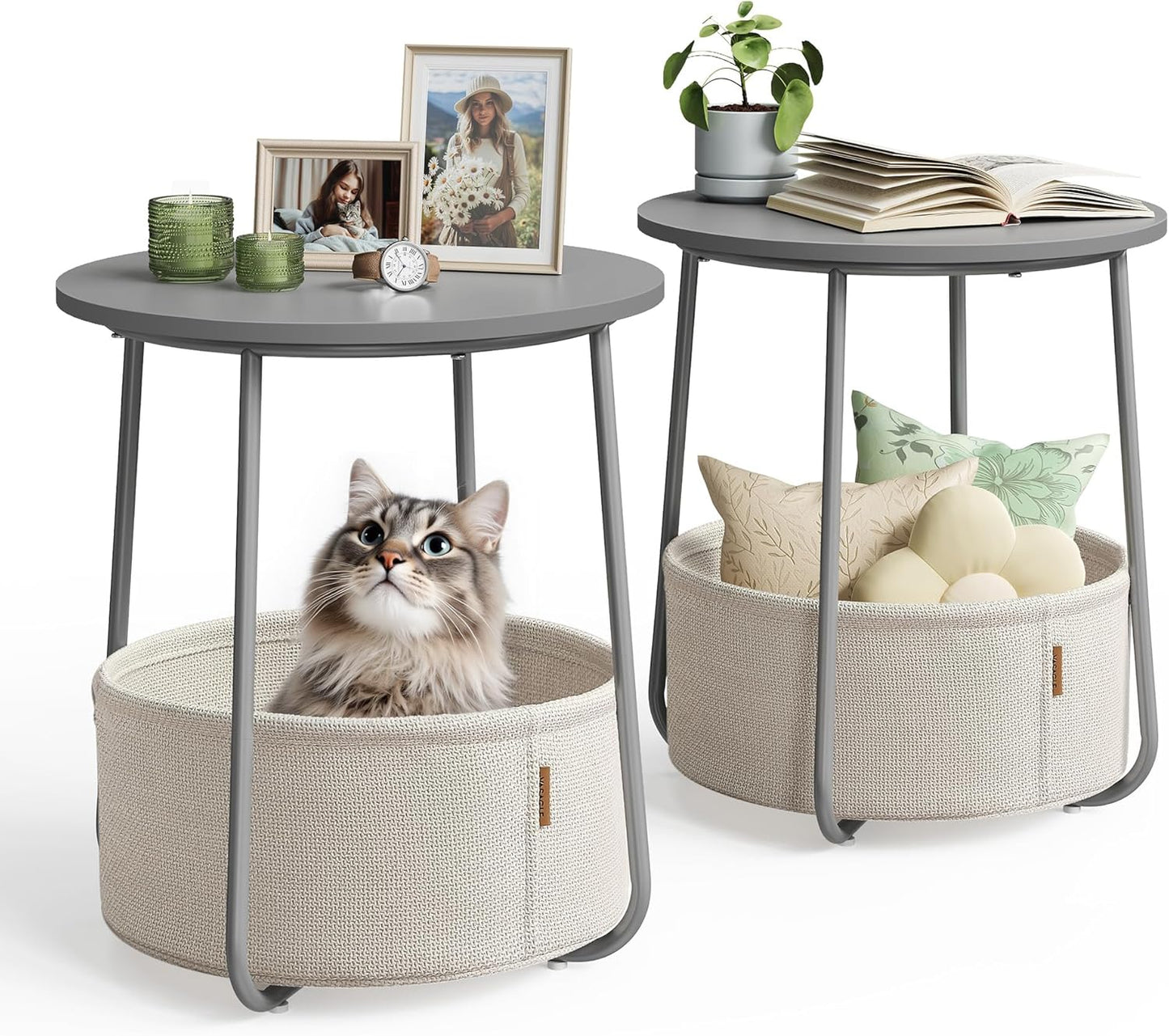 Nightstands, Set of 2 Small round Side Tables with Fabric Basket, Bedside End Tables, for Bedroom, Cement Gray and Cream White ULCT667G01