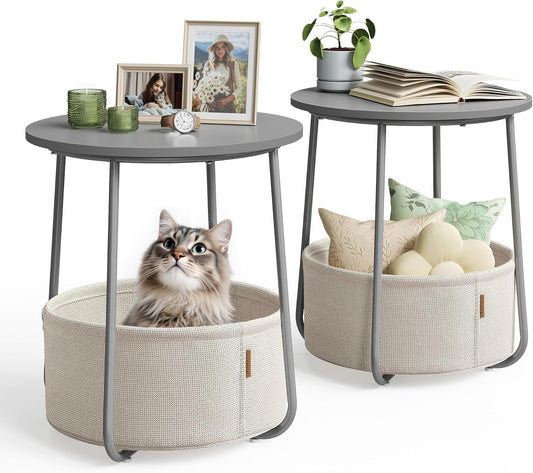 Nightstands, Set of 2 Small round Side Tables with Fabric Basket, Bedside End Tables, for Bedroom, Cement Gray and Cream White ULCT667G01