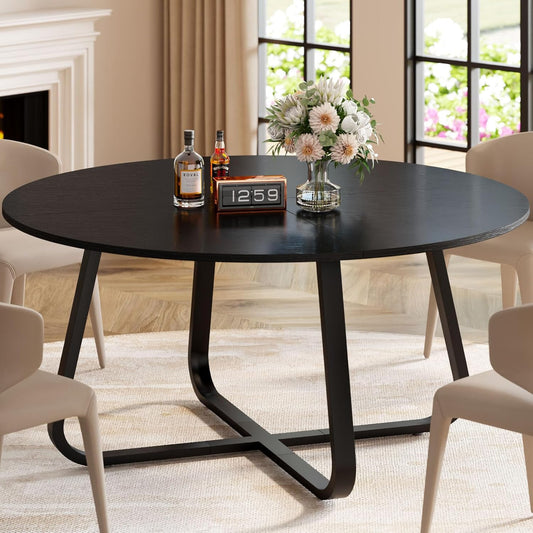 Black round Dining Table, Modern Wood Metal Kitchen Table, Industrial Small Dinner Room for 4 to 6 People, Circle Coffee Dining Room for Home Kitchen Living Room, Black Oak, 51 Inch