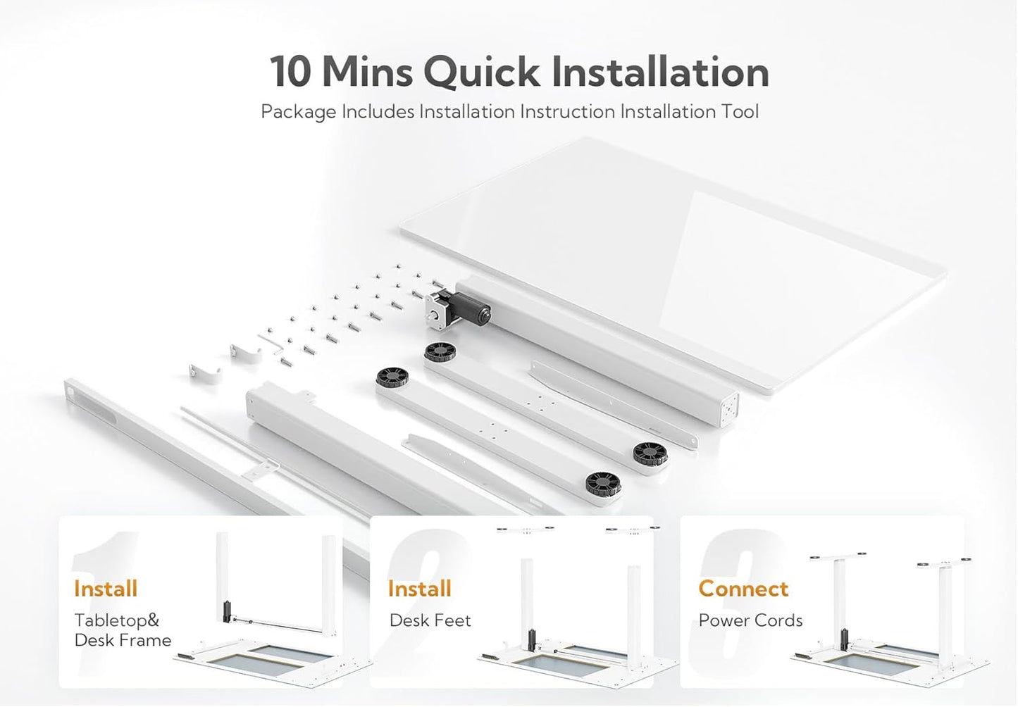 Glass Standing Desk, 48X24 Inch White Standing Desk Adjustable Height Electric Stand up Quick Install for Computer Desks, Super White