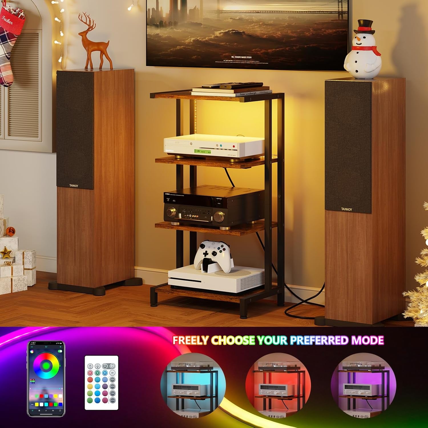 16.5" Small 4-Tier AV Media Stand with Power Strips,Narrow Version Wooden Corner TV Stand Shelf with LED Lights,Stereo Cabinet Audio Rack Stand Tower for Small Media Players and Boxes