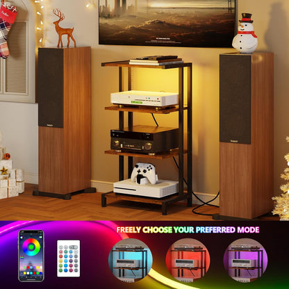 16.5" Small 4-Tier AV Media Stand with Power Strips,Narrow Version Wooden Corner TV Stand Shelf with LED Lights,Stereo Cabinet Audio Rack Stand Tower for Small Media Players and Boxes