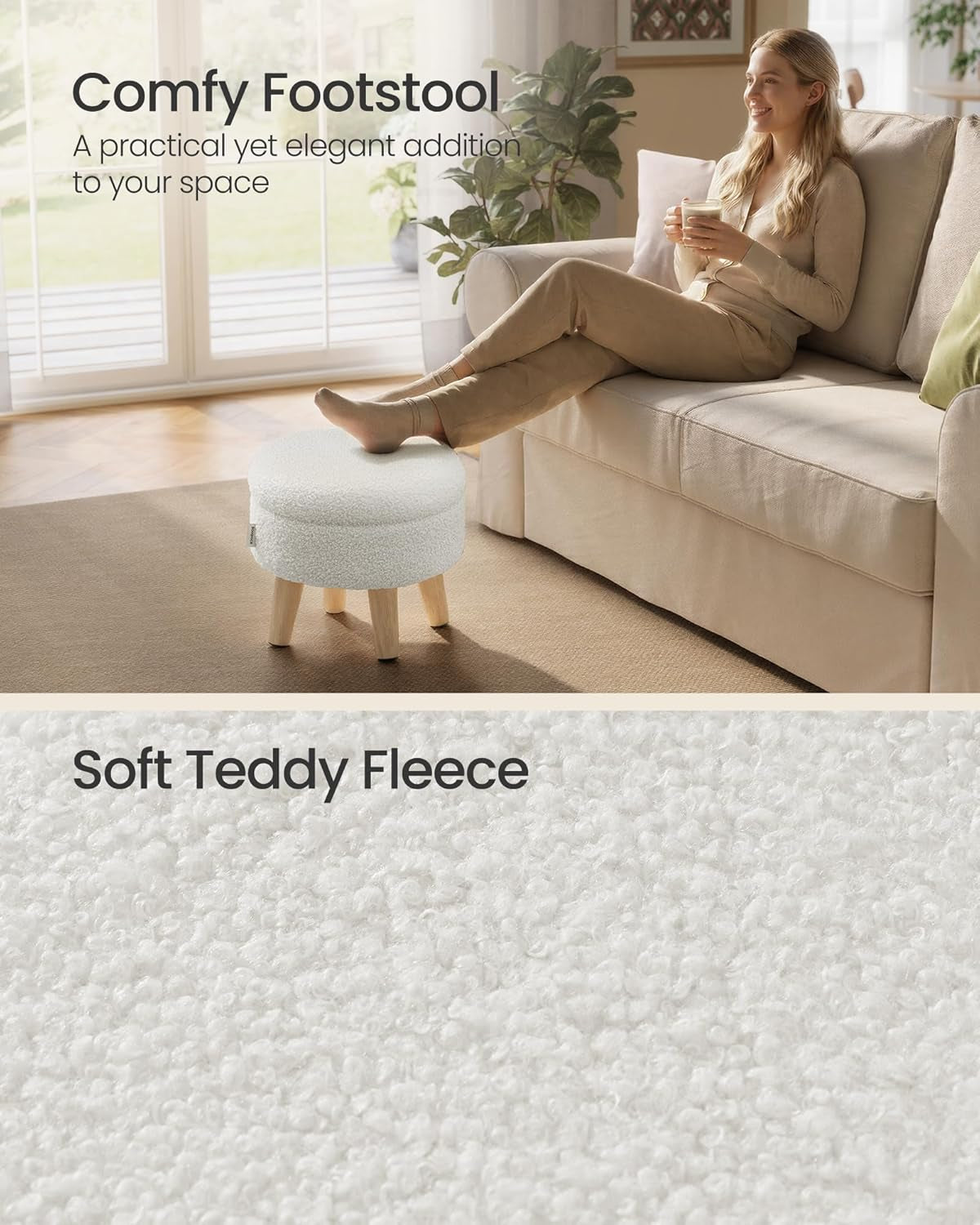 Storage Ottoman, Foot Stool, round Ottoman with Padded Seat, Foot Rest with Wood Legs, Small Table, for Hallway, Living Room, 12.2 Inches, Teddy Fleece, White ULOM515WD01