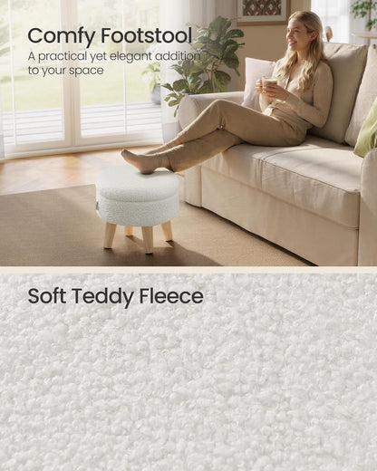 Storage Ottoman, Foot Stool, round Ottoman with Padded Seat, Foot Rest with Wood Legs, Small Table, for Hallway, Living Room, 12.2 Inches, Teddy Fleece, White ULOM515WD01