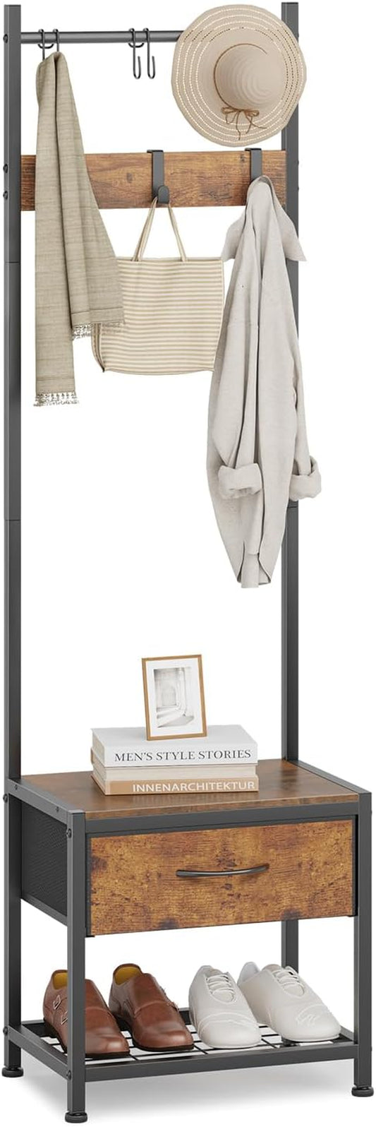 Narrow Coat Rack Shoe Bench, Hall Tree for Small Place with Drawer Storage, Shoe Bench with Cubby Storage, Wood Look Accent Furniture with Metal Frame, 3-In-1 Design (Rustic Brown)