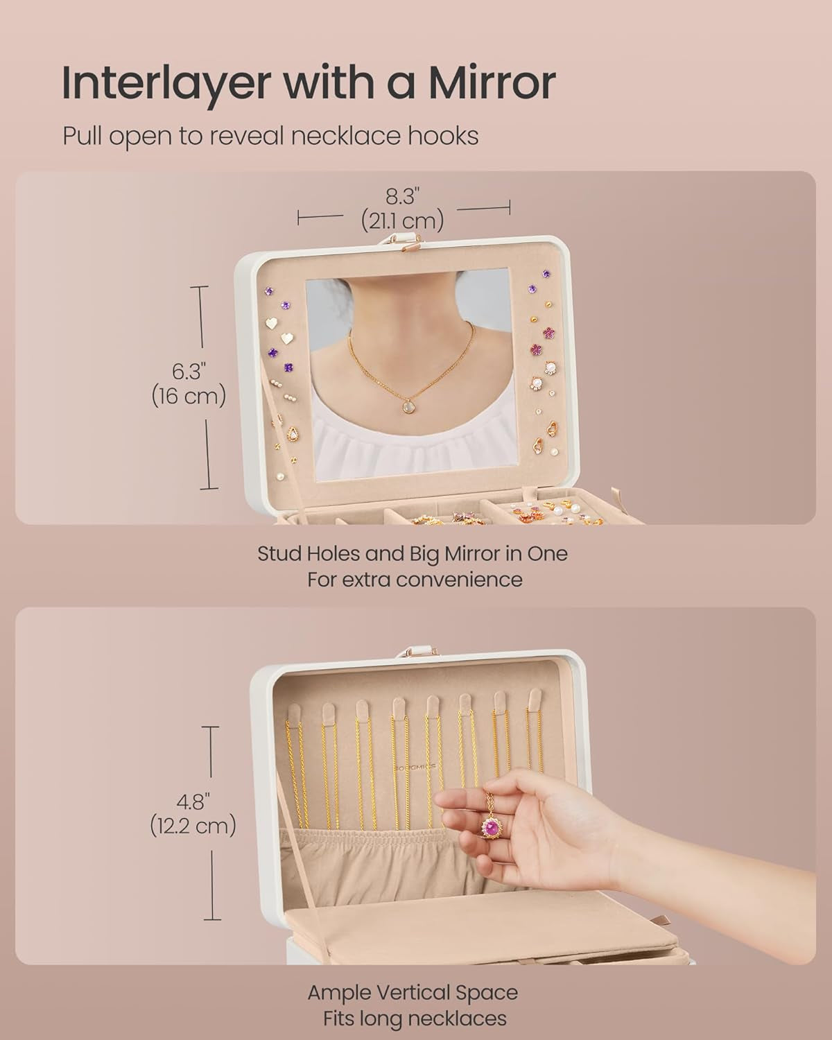 Jewelry Box Organizer with Mirror, 2-Layer Jewelry Holder Case, Removable Tray, 6.9 X 8.7 X 4.3 Inches, Earring Necklace Storage, Gift Idea, Cloud White UJBC200W01