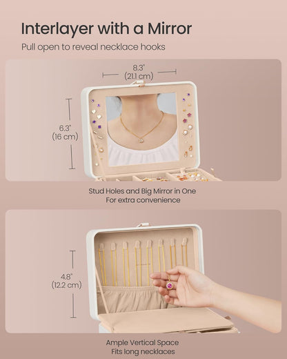 Jewelry Box Organizer with Mirror, 2-Layer Jewelry Holder Case, Removable Tray, 6.9 X 8.7 X 4.3 Inches, Earring Necklace Storage, Gift Idea, Cloud White UJBC200W01
