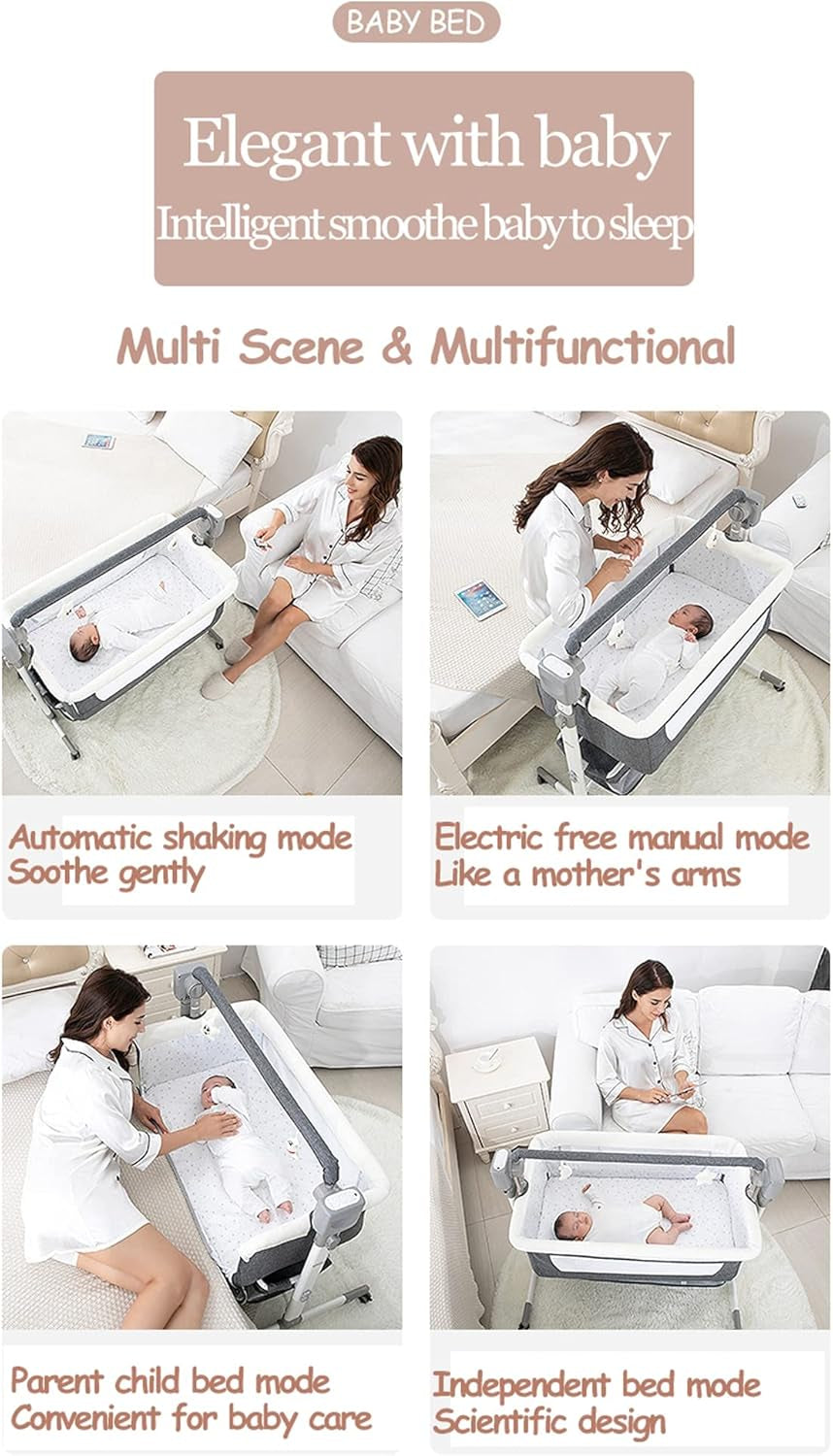 Electric Bluetooth Smart Baby Bedside Crib, Bassinet for Co-Sleeping, Infant Bedside Sleeper Cot, Foldable Baby Bassinet Crib with Remote Control, Music and 5 Swaying Gears (601 Khaki)
