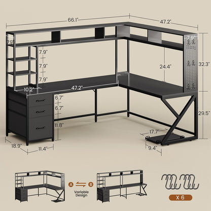 L Shaped Gaming Desk with Storage Shelves and Hutch, Convertible 94.5" Computer Desk with Drawers, Corner Computer Desk with Power Outlet, LED Lights, Pegboard for Home Office, Black