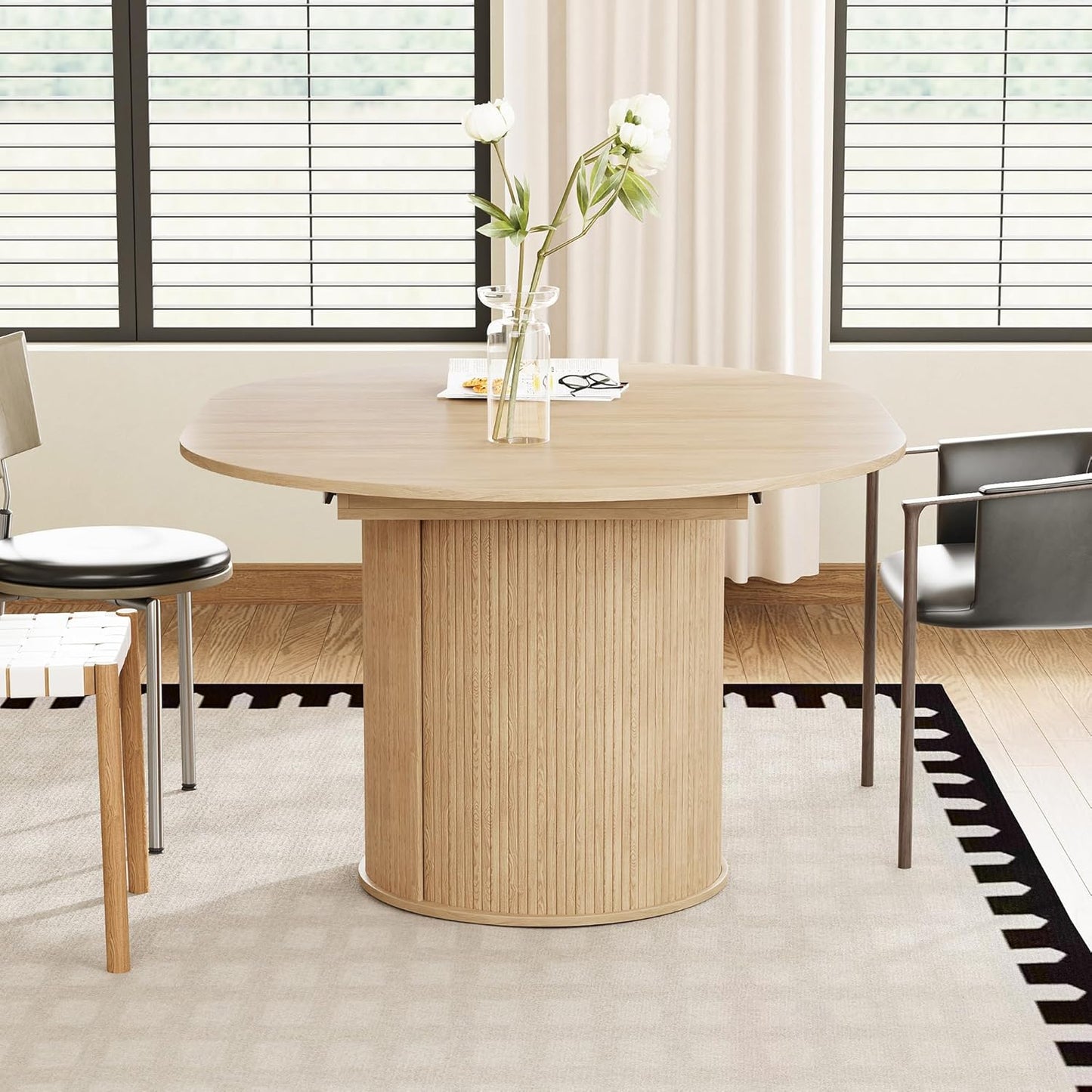 43"-59" Extendable round to Oval Dining Table with Hidden Storage, Modern Wooden Kitchen Table with Fluted Sliding Door Cabinet, Expandable Dinner Table for Dining Room Living Room (Natural)