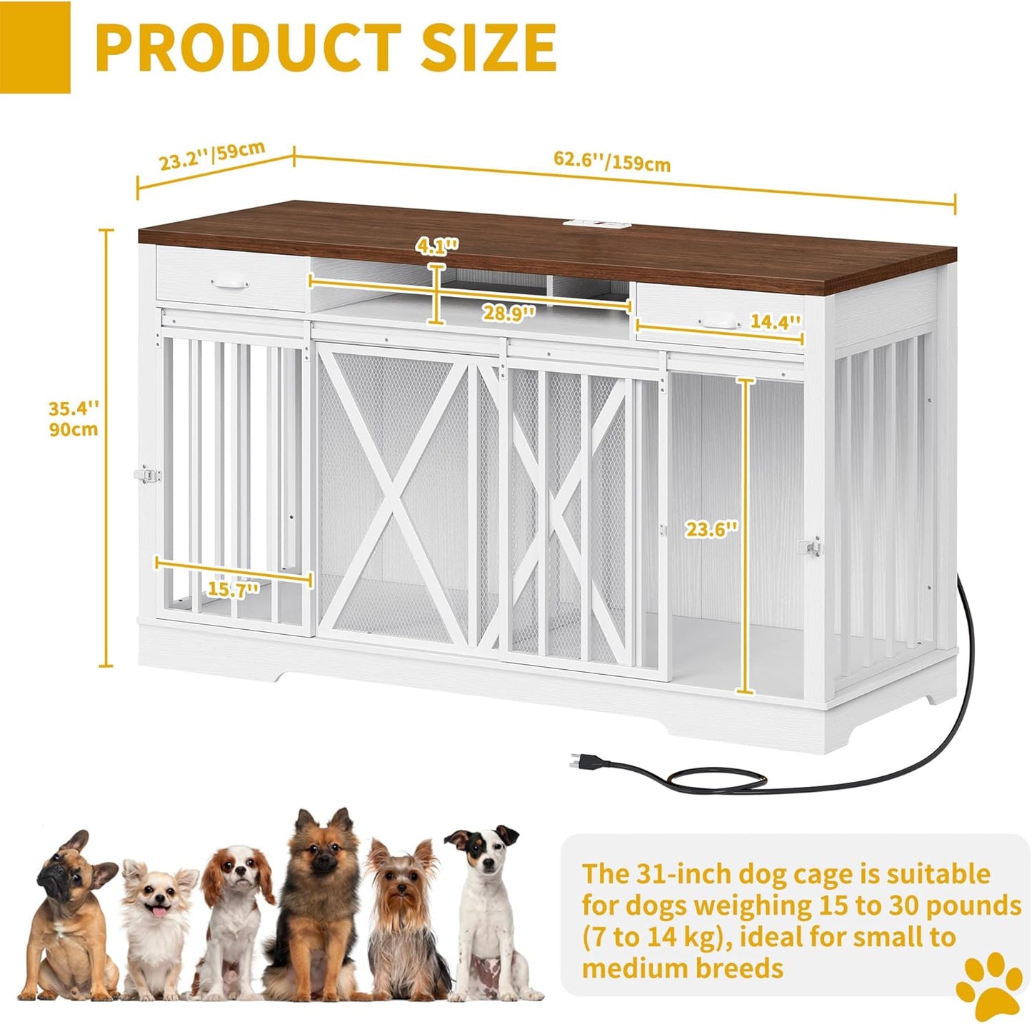 63 Inch Double Dog Crate Furniture for 2 Dogs, Heavy Duty Wooden Dog Crate TV Stand with Charging Station, Dog Kennel Indoor Furniture Double Sliding Barn Door Design Ideal for 2 Dogs, White