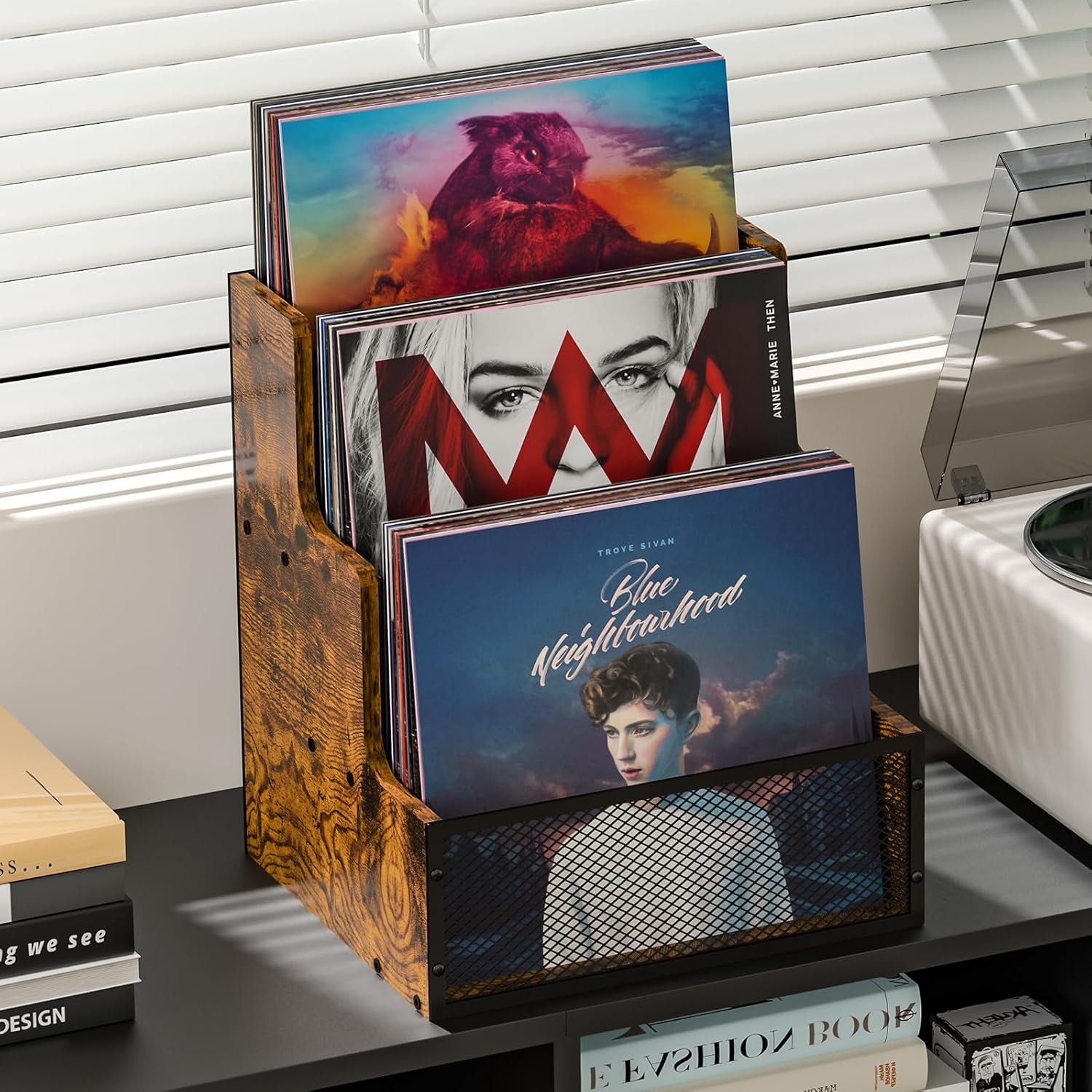 Vinyl Record Storage,Stepped 3 Tier LP Vinyl Record Crate,Vinyl Record Album Holder,Holds up to 60 Records,Desktop Metal & Wooden Record Box Case Crate