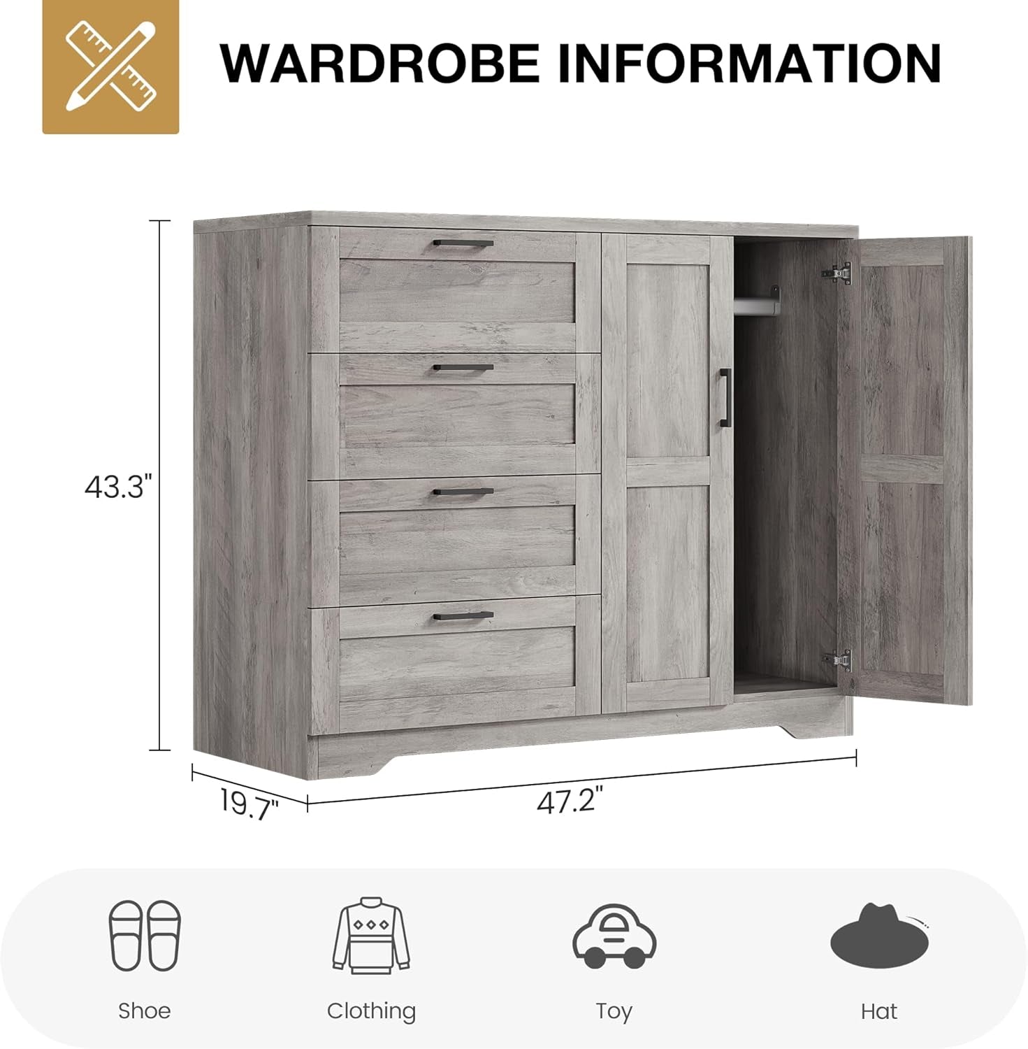 43.3'' H Armoire Wardrobe Closet with 4 Drawers and 2 Doors, Hanging Rod, Multifunctional Wooden Dresser with Storage Closet, Bathroom Cabinet for Bedroom, Gray