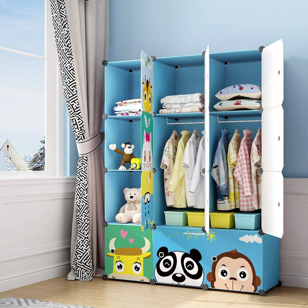 Kids Closet,Baby Wardrobe Closet with Door,Cute Portable Armoire Dresser,Clothes Hanging Storage Rack for Boy Bedroom,Blue,12 Cube(14X14Inch)