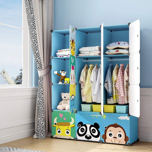 Kids Closet,Baby Wardrobe Closet with Door,Cute Portable Armoire Dresser,Clothes Hanging Storage Rack for Boy Bedroom,Blue,12 Cube(14X14Inch)