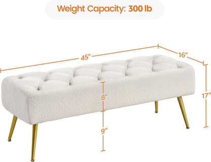 Modern Ottoman Bench Boucle Bench Upholstered Footrest for Living Room with Gold Metal Legs and Padded Seat Ivory