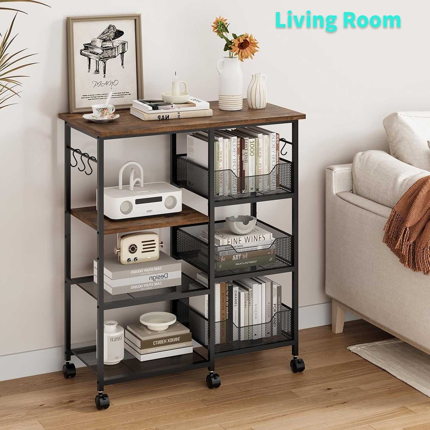 Rolling Kitchen Carts with Storage - Microwave Table Stand with 6 Hooks & 3 Baskets, Kitchen Island Cart on Lockable Wheels, 28.3" L × 14.6" W Bakers Rack Cart for Dining Room Coffee Bar Office