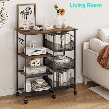 Rolling Kitchen Carts with Storage - Microwave Table Stand with 6 Hooks & 3 Baskets, Kitchen Island Cart on Lockable Wheels, 28.3" L × 14.6" W Bakers Rack Cart for Dining Room Coffee Bar Office