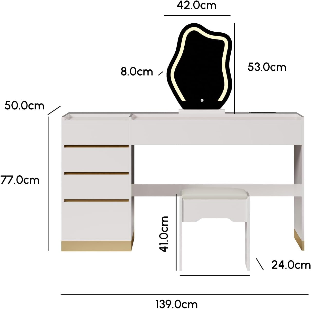 Vanity Desk Set with LED Mirror, Makeup Vanity with Power Outlet and Tempered Glass Top, Makeup Table with 6 Drawers, 3 Lighting Modes Vanity Table with Chair for Bedroom (White)