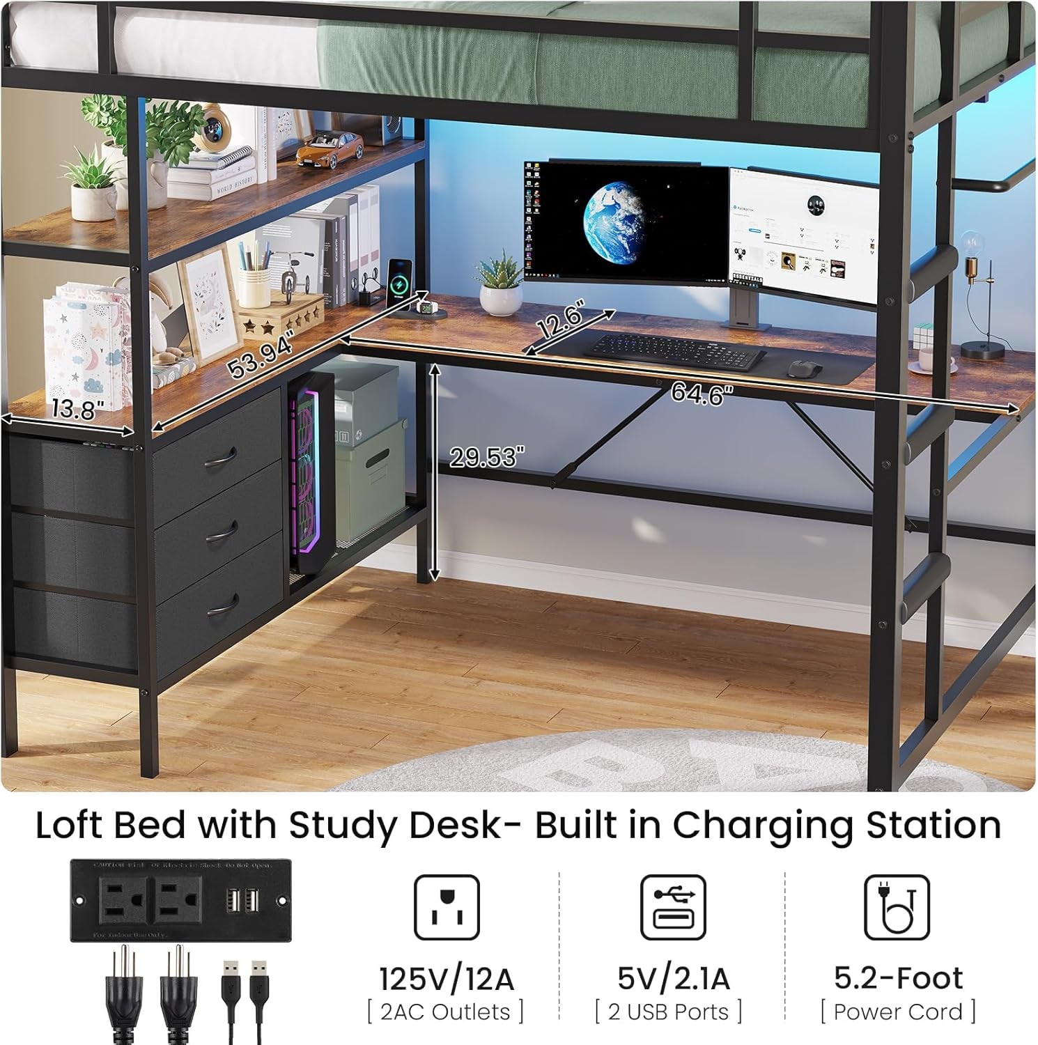 Loft Bed Full Size with L-Shaped Desk and Charging Station Metal Full Size Loft Bed with LED Lights,Storage Shelves and 3 Storage Drawers,Loft Beds for Teen/Adult with Safety Guard&Stairs,Black