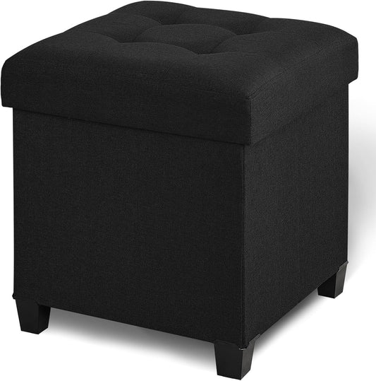 17.7" Square Ottoman with Storage, Storage Ottoman Foot Stool with Lid & Solid Wood Legs, Linen Ottomans for Living Room, Bedroom, Dorm, Black