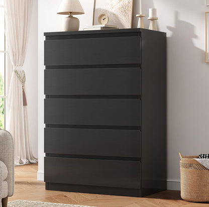 Black 5 Drawer Dresser for Bedroom, 15" D X 23.7" W X 40.4" H in Modern Chest of Drawers, Wood Storage Dresser with Handleless Drawers for Kids Bedroom, Living Room, Hallway, Entryway