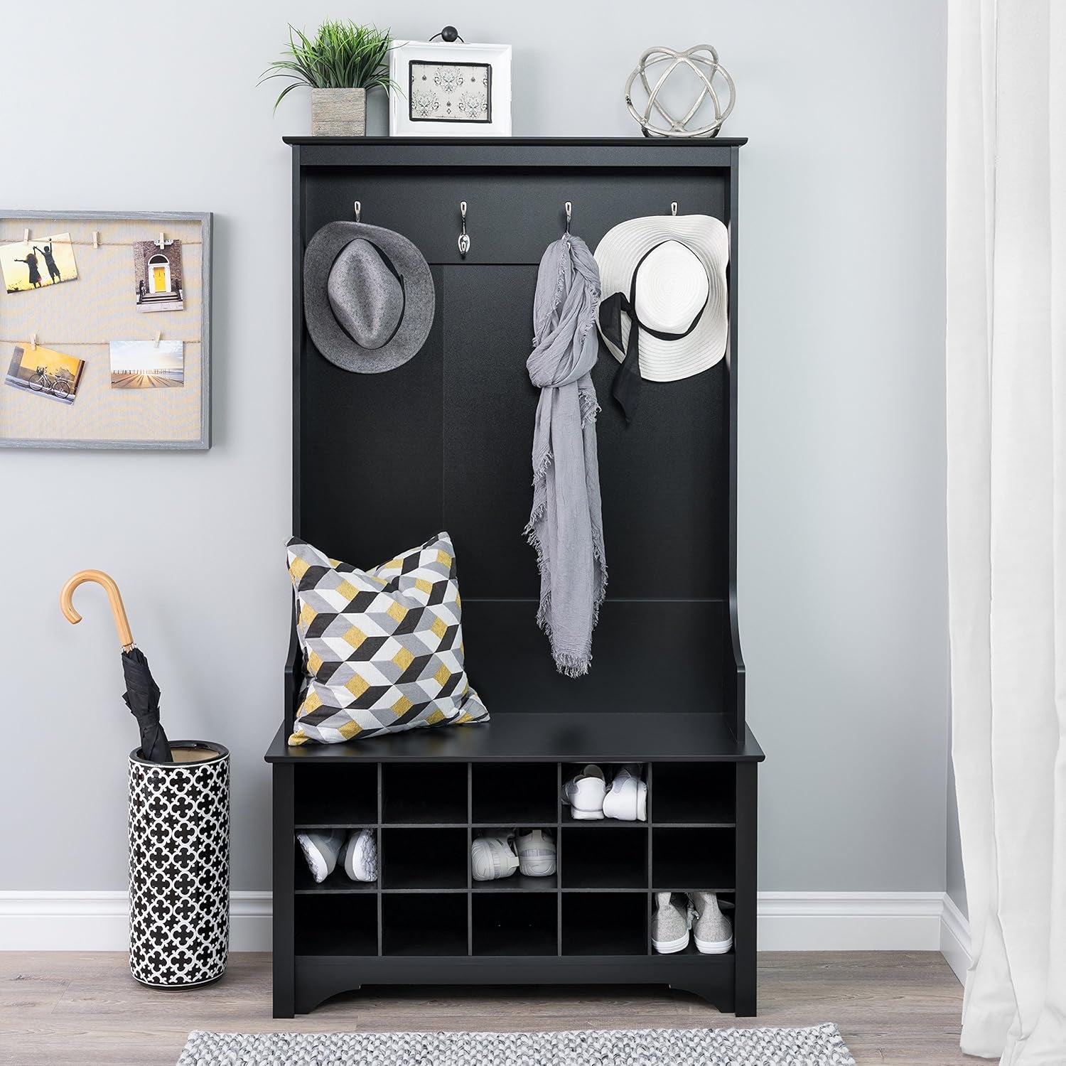 Entryway Organizer, Coat Rack, Hall Tree Features 4 Hooks for Coat Storage, & Hanging Bags; Furniture for Entryway with Bench & 15 Cubbies for Shoe Storage, 38” W X 68” H X 15.5” D, Black