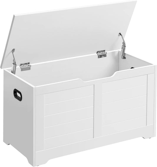 Storage Chest, Storage Bench with 2 Safety Hinges, Farmhouse Style, 15.7 X 31.5 X 18.1 Inches, for Entryway, Bedroom, Living Room, Cloud White ULSB063T14