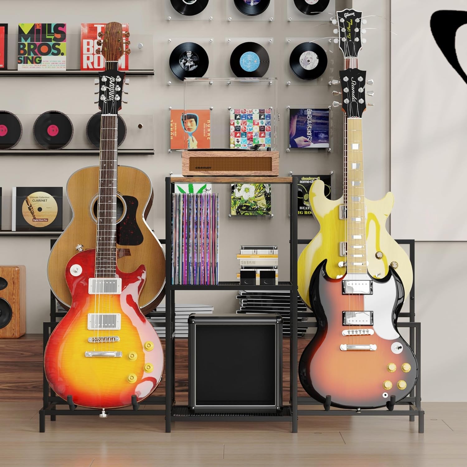 Guitar Rack Multi Guitar Stand for Multiple Guitars, Multiple Guitar Rack Holder with 3 Tier Shelf for Acoustic, Electric Guitar, Bass, Record Player, Guitar Display Stand for Home Music Studio