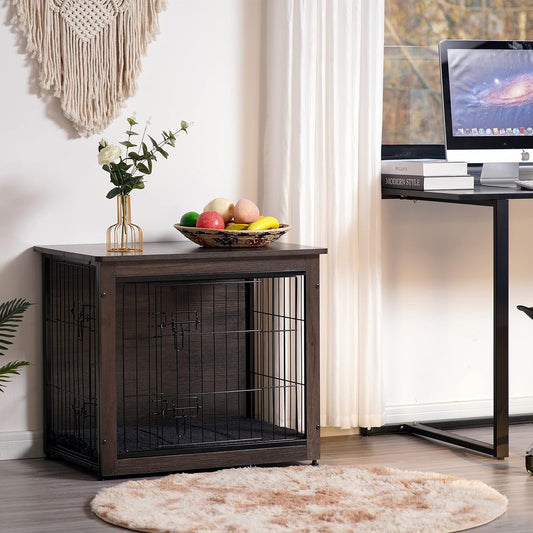 Dog Crate Furniture with Cushion, Wooden Kennel Table with Double Doors, Indoor Dog House, Small/Medium/Large/Extra Large Size, 27.2" L, Dark Gray