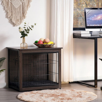 Dog Crate Furniture with Cushion, Wooden Kennel Table with Double Doors, Indoor Dog House, Medium Size, 32.5" L, Black+Gold