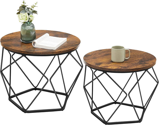 Small Coffee Table Set of 2, round Coffee Table with Steel Frame, Side End Table for Living Room, Bedroom, Office, Rustic Brown and Ink Black