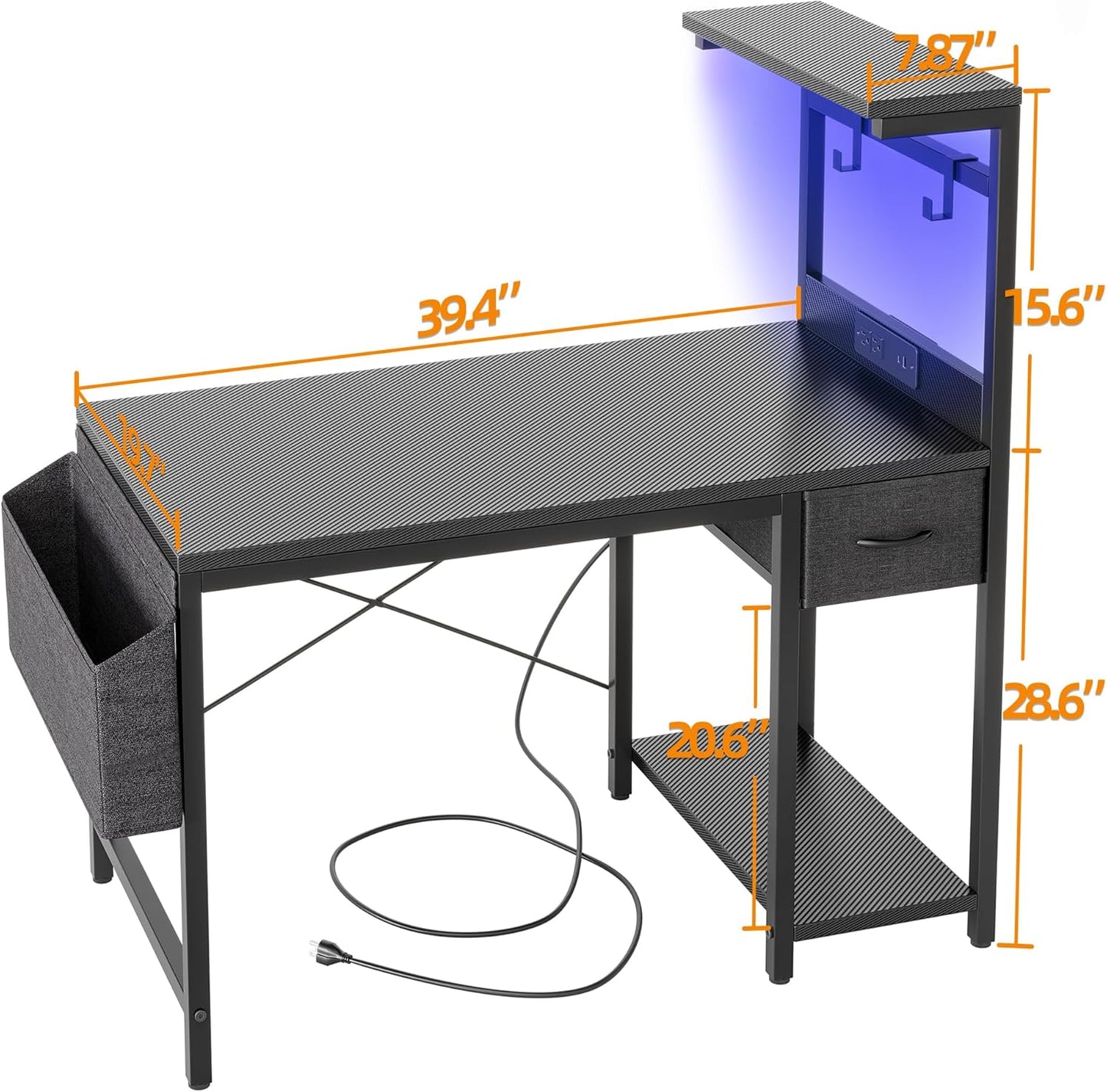 Gaming Desk 40 Inch with Power Outlet and LED Light, Computer Desk with Reversible Shelves and Storage Drawer, Small PC Desk for Home Office Table with Bag, Carbon Fiber Black