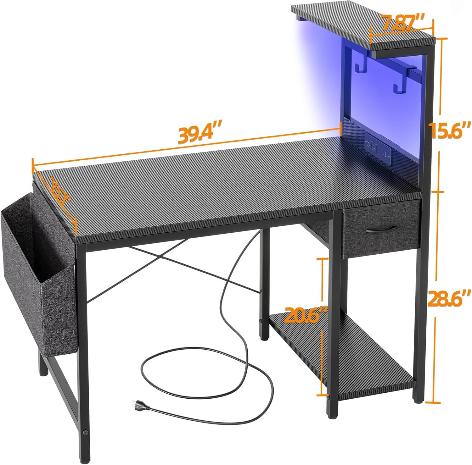 Gaming Desk 40 Inch with Power Outlet and LED Light, Computer Desk with Reversible Shelves and Storage Drawer, Small PC Desk for Home Office Table with Bag, Carbon Fiber Black