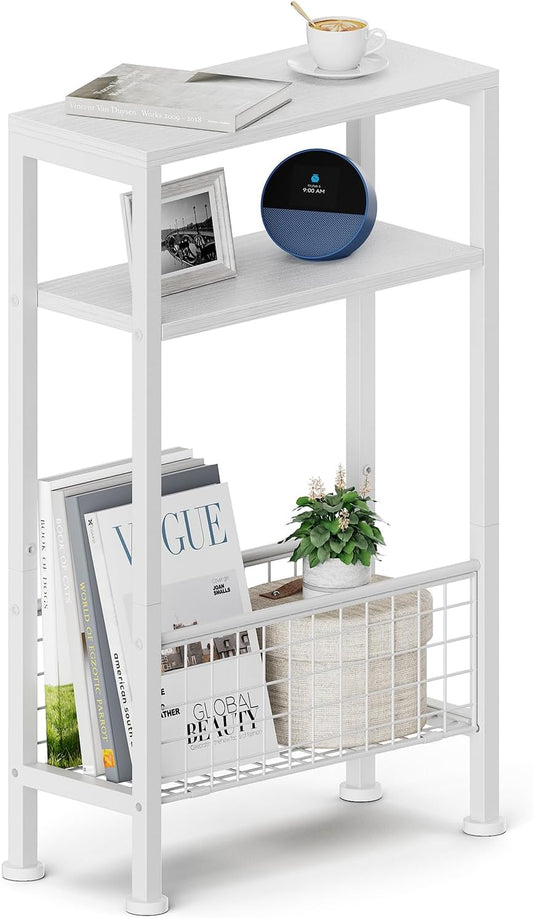 Narrow Side Table, Skinny End Table for Small Spaces with Storage, 3-Tier Slim Wooden Bedside Nightstand Thin Couch Table for Living Room Bedroom Office Dorm Kitchen Bathroom (White)