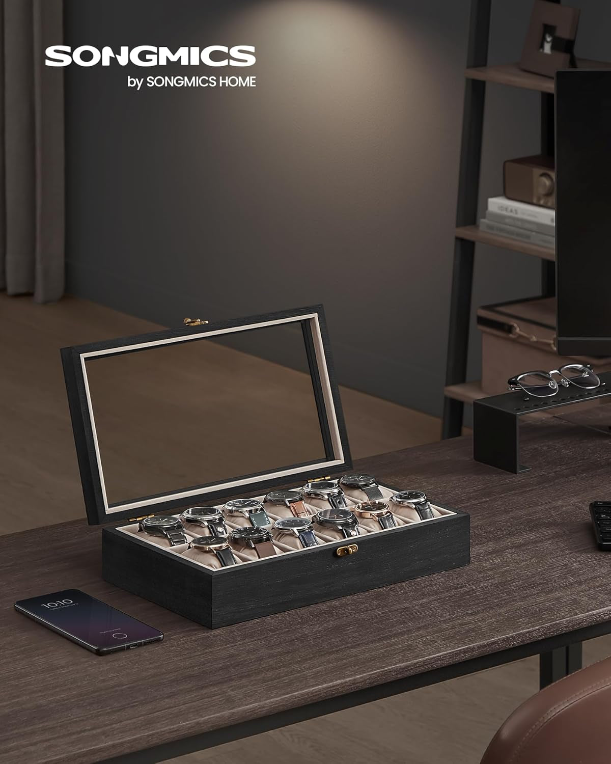Watch Boxes Bundle, 12-Slot Watch Cases, Solid Wood Watch Box Organizers with Glass Lid, Removable Pillows, Gift for Loved Ones, Ebony Black and Rustic Walnut UJOW120B01 and UJOW120K01